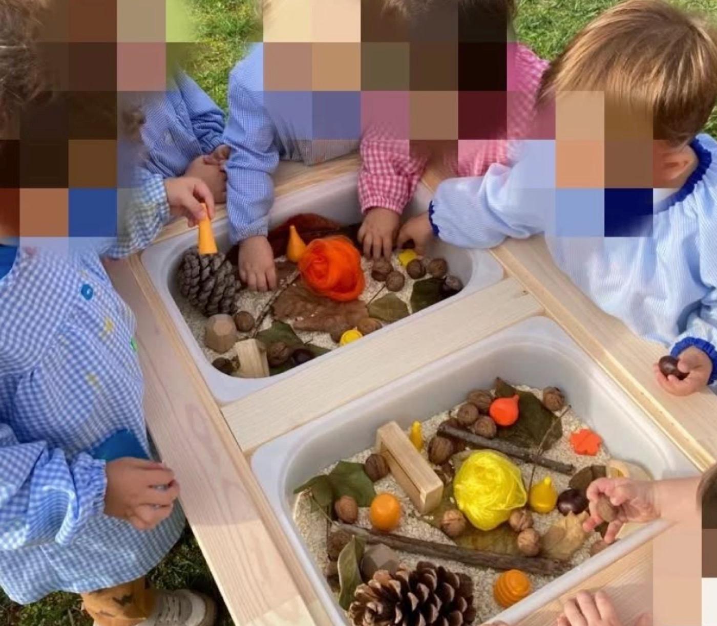 Bandejas sensoriales con hojas, piñas y calabazas que los niños exploran con las manos